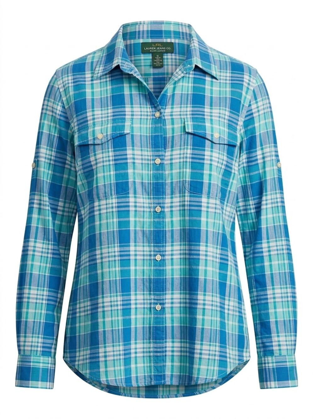 LRL Lauren Blue Collared Plaid Button-Up Shirt Women Size XL